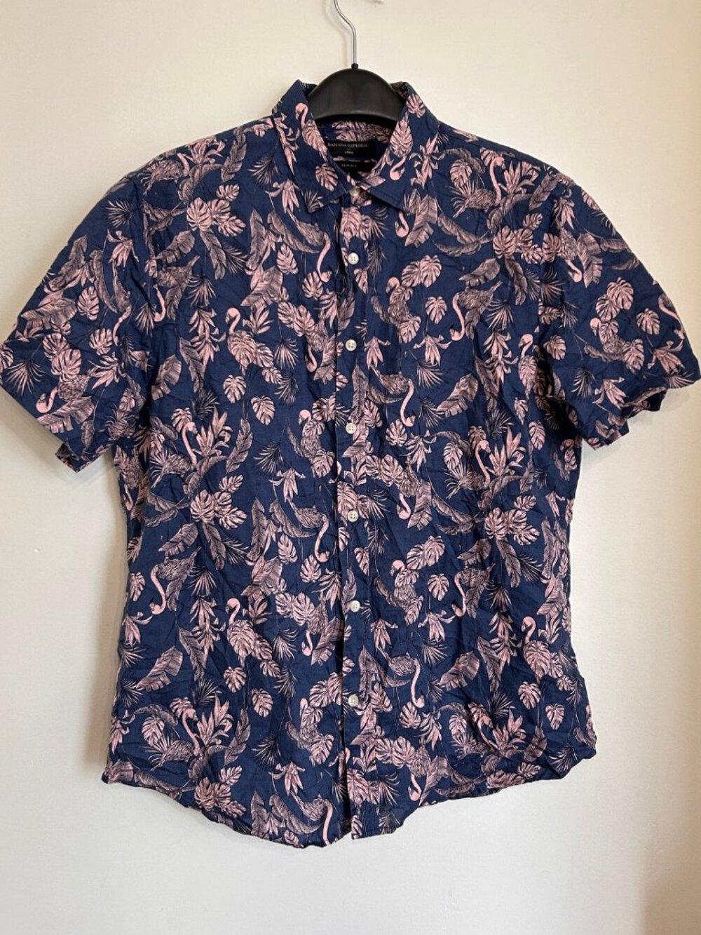 BANANA REPUBLIC FLAMINGO HAWAIIAN SHIRT LINEN SIZE LARGE